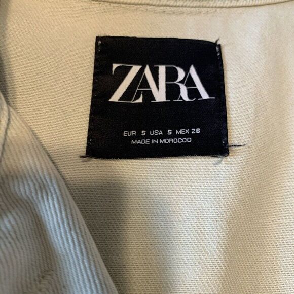 Zara Solid Tea Green Long Sleeve Denim Jean Long Sleeve Crop Jacket Small - Picture 3 of 4